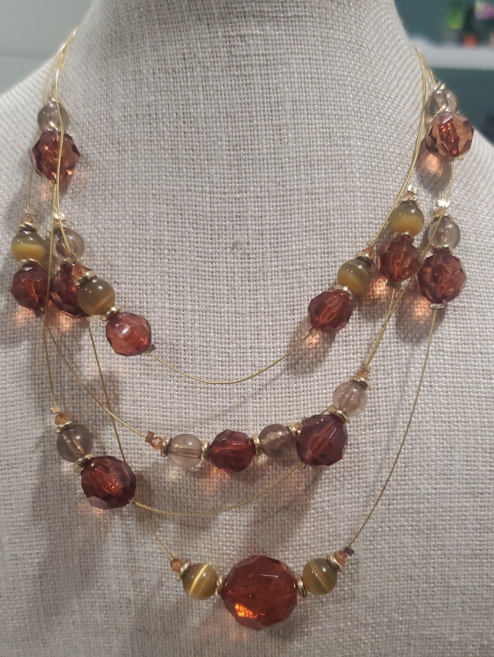 Layered Brown and Gold Beaded Multi-Strand Necklace